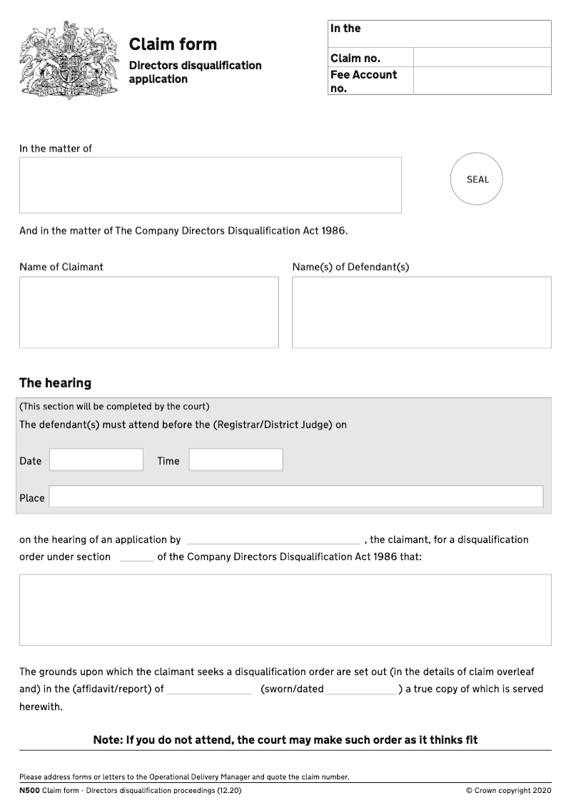 N500 Claim Form Directors disqualification application preview