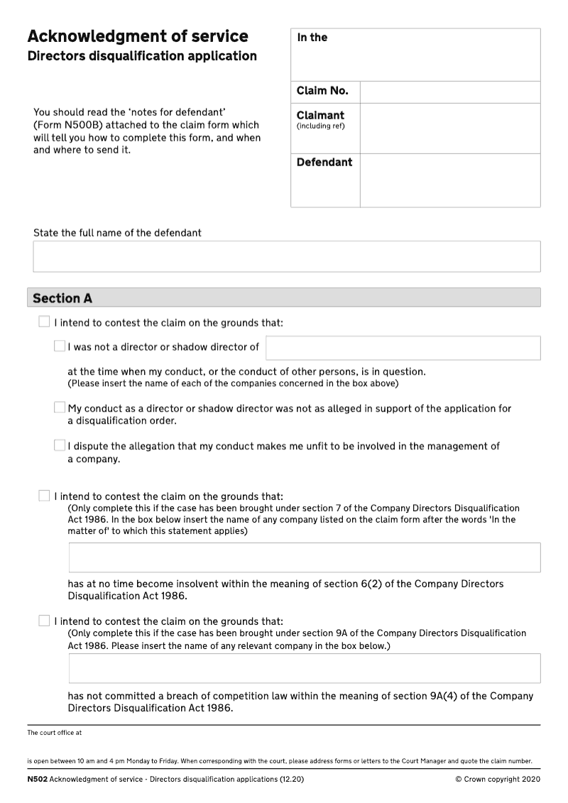 N502 Acknowledgement of Service Directors disqualification application preview