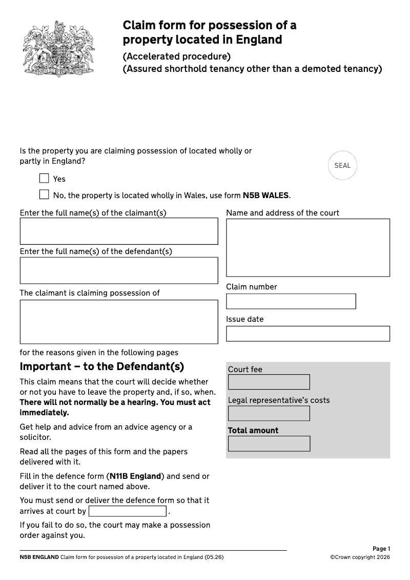 N5B England Claim form for possession of property located in England accelerated procedure assured shorthold tenancy preview
