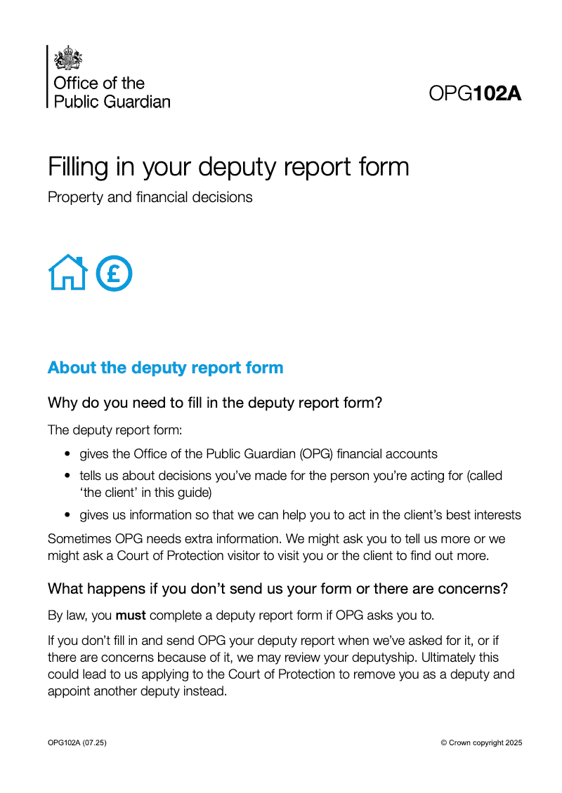 OPG102A Filling in your deputy report form Property and financial decisions preview