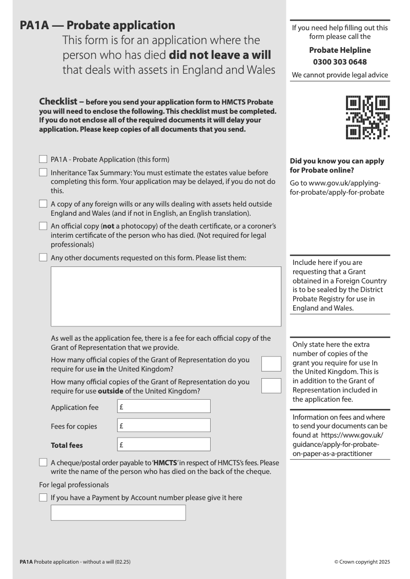 PA1A Probate Application Where the person who has died did not leave a will that deals with assets in England and Wales preview