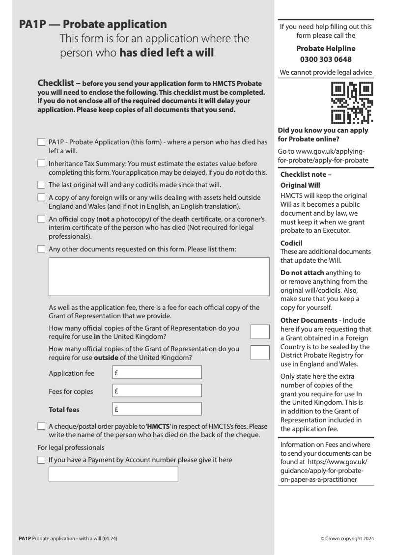 PA1P Probate Application Where the person who has died left a will preview