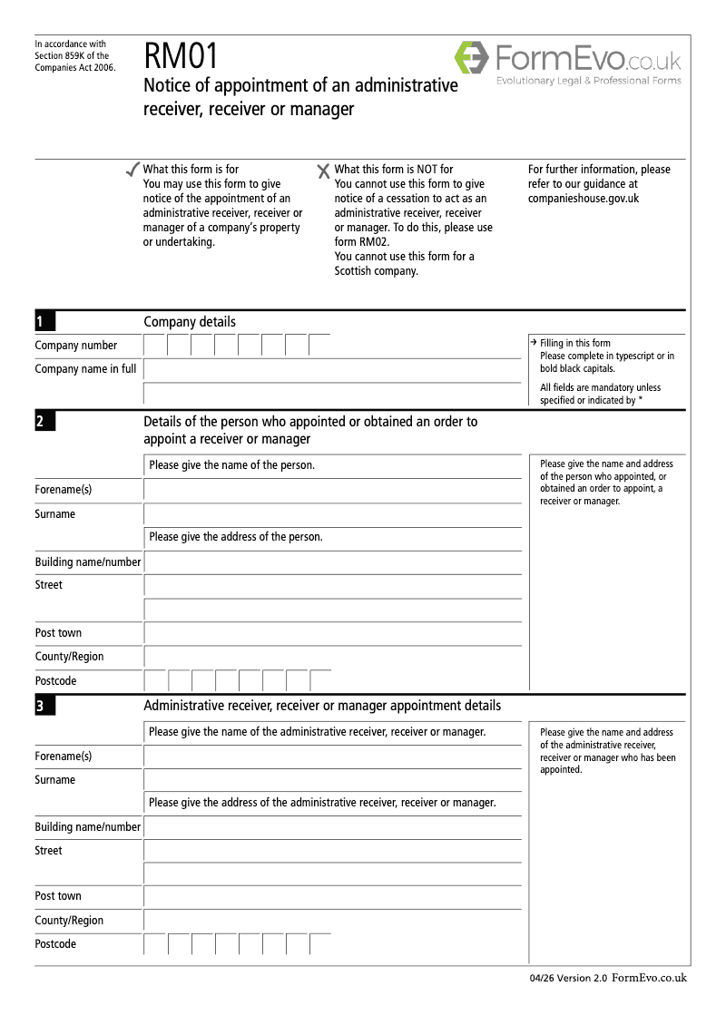 RM01 Notice of appointment of an administrative receiver receiver or manager Section 859K preview