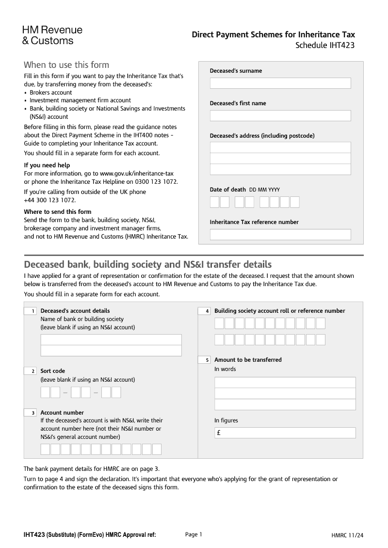 SA IHT423 Direct Payment Scheme Bank Building Society or National Savings and Investments NS I account Schedule IHT423 Standalone version preview