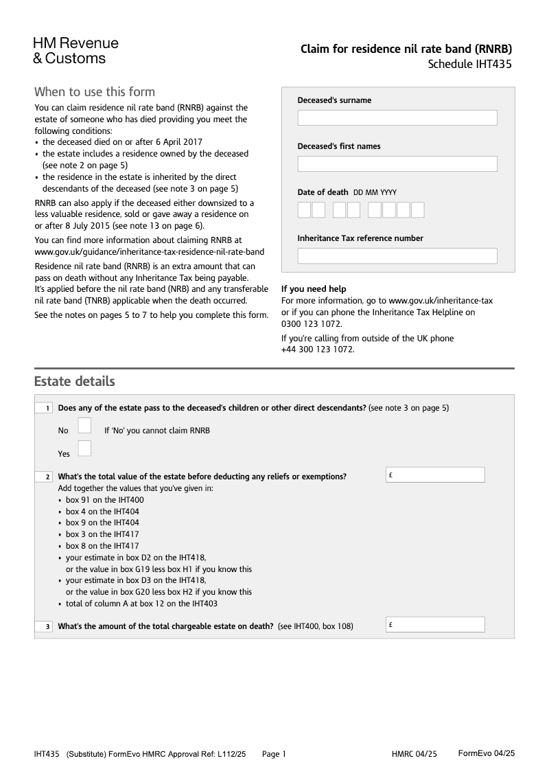 SA IHT435 Claim for residence nil rate band RNRB Schedule IHT435 Standalone version preview