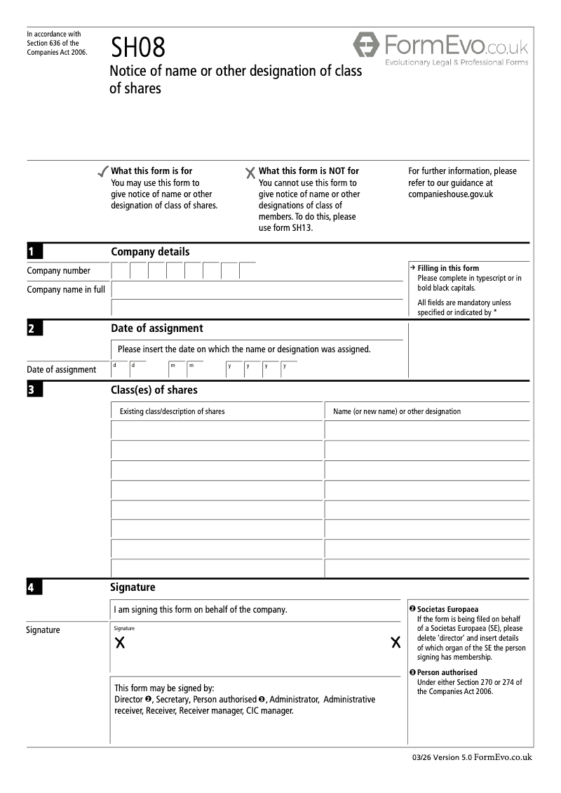 SH08 Notice of name or other designation of class of shares Section 636 preview