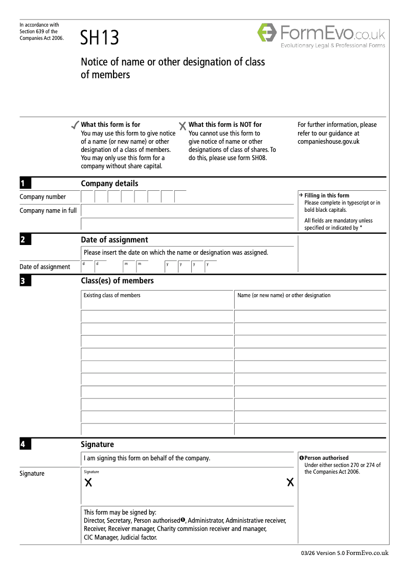 SH13 Notice of name or other designation of class of members Section 639 preview