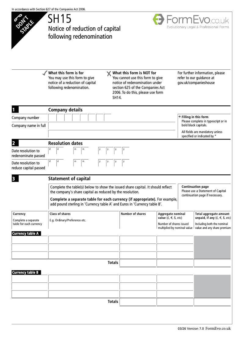 SH15 Notice of reduction of capital following redenomination Section 627 preview