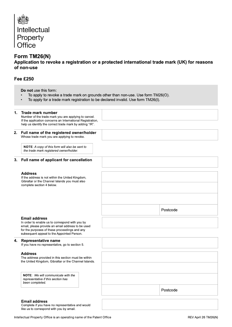 TM26 N Application to revoke a registration or a protected international trade mark UK for reasons of non use preview